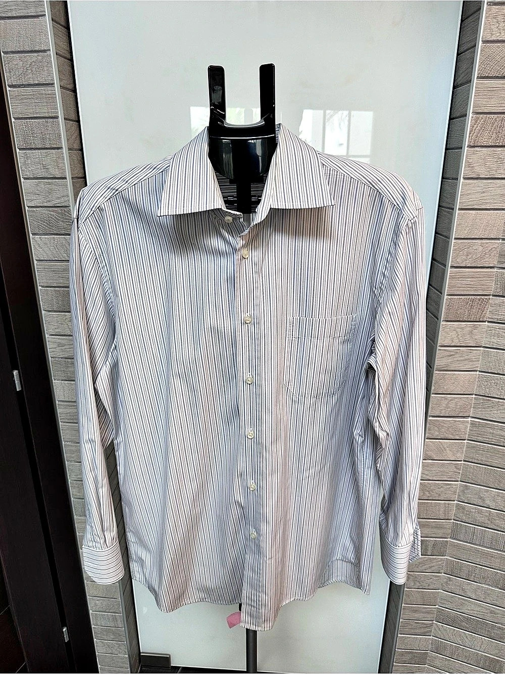 Hugo Boss Men's blue, gray, white Striped Cotton Shirt Size 16 32/33 Great shape